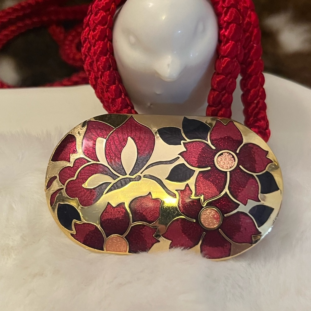 Cloisonné Floral and butterfly Red Pendant Necklace